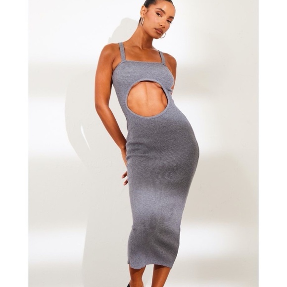 PrettyLittleThing Charcoal Gray Front Cut Out Soft Rib Knit Maxi Dress Size L - Picture 1 of 11